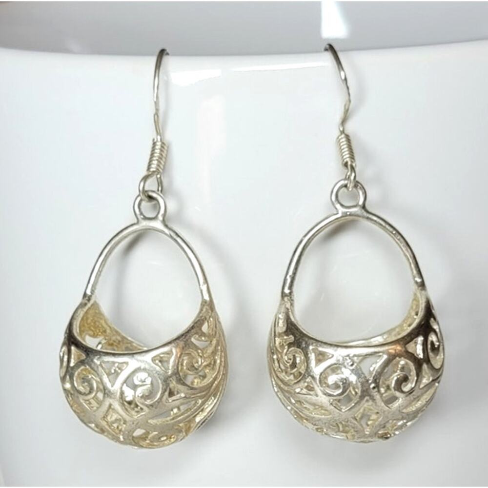 Elegant Filigree Hoop Drop Earrings - Silver Tone